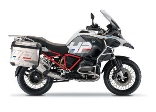 BKIT 3669 BMW R1200GS LC Adventure Alpine White HP Edition Side Tank Fender Stickers with Full Frame Panniers Red Frame